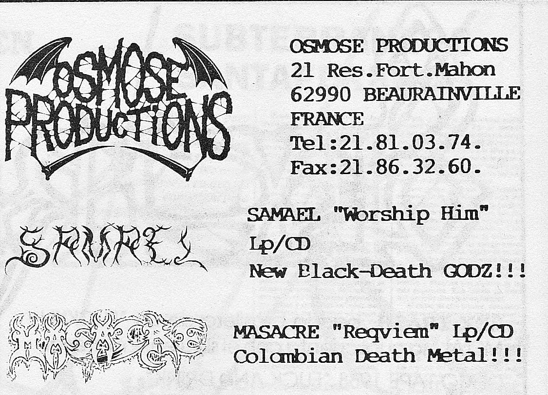 Promo original de la Osmose Productions (1991) enviado por correo postal. Colección privada del autor.