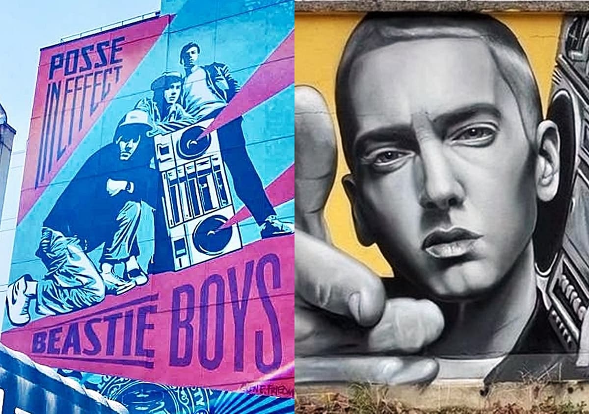 Beastie Boys y Eminem como arte urbano. El graffiti y el muralismo como voz visual del hip hop y resistencia urbana. Fuente: Elliot Kowit Facebook (New York)/ HKA Pinterest. (Nice-Francia).