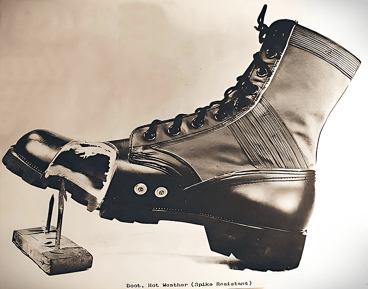 Punji stakes were one of the most terrifying weapons used by the Vietnamese guerrillas, and the U.S. Army developed spike-protected boots in response. Source: Pinterest.
